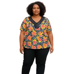 Essentials Womens Sz 0X Multicolor Floral Short Sleeve Blouse